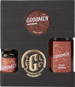 Zestaw do brody Grooomen: szampon, balsam, olejek w czarnym pudełku z wycięciami, widok z góry.