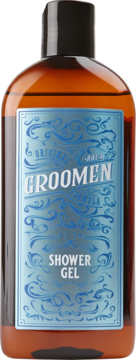 Bursztynowa butelka żelu pod prysznic Groomen. Czarna nakrętka, błękitna etykieta z ozdobnymi wzorami i białym napisem "GROOMEN Shower Gel".