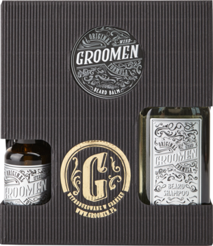 Zestaw do pielęgnacji brody Groomen WIND: szampon, balsam, olejek w czarnym, eleganckim pudełku upominkowym.