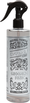 Groomen Grooming Tonic WIND, spray do włosów z aloesem i proteinami pszenicy, srebrna etykieta, widok z przodu.