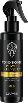 Czarny spray Masveri Power Defense UV Leave-in Conditioner dla mężczyzn, złote napisy, ochrona włosów i koloru.