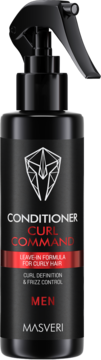 Czarna butelka spray Masveri Curl Command, odżywka leave-in dla mężczyzn do włosów kręconych, widok z przodu.