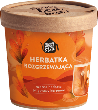 Herbatka rozgrzewająca Brown House & Tea, pomarańczowe opakowanie z liśćmi, czarna herbata i przyprawy korzenne, przód.