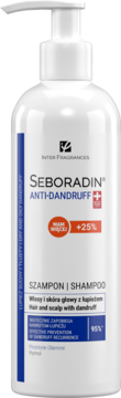 Biały szampon Seboradin Anti-Dandruff z pompką, widok z przodu, etykieta z tekstem o łupieżu.