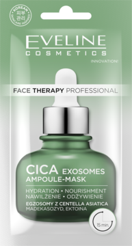 Eveline CICA Exosomes Ampoule-Mask, zielona saszetka, butelka z pipetą, nawilżenie, 15 min, Centella.