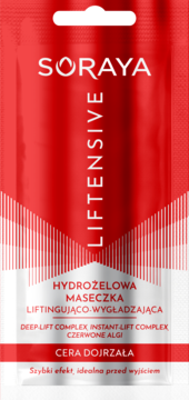 Czerwona saszetka Soraya Liftensive Hydrożelowa Maseczka, liftingująco-wygładzająca dla cery dojrzałej, widok z przodu.