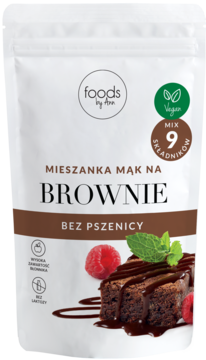 Biała torebka Foods by Ann, mieszanka mąk na brownie bez pszenicy, z obrazkiem ciastka i malinami.