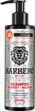 Czarna butelka szamponu Barbero do brody i włosów z biotyną i kofeiną, z przodu, 200ml z pompką.