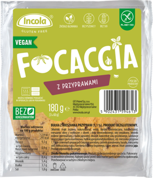 Bezglutenowa focaccia Incora Vegan z ziołami i pomidorami, 180g, w przezroczystej folii, widok z przodu.