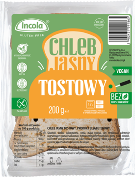 Opakowanie bezglutenowego chleba tostowego Incola, z zielono-pomarańczową etykietą i widocznym napisem CHLEB TOSTOWY.