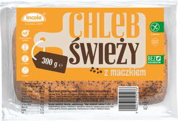 Chleb Incola świeży z makiem, bezglutenowy, w przezroczystym opakowaniu, widok z góry.