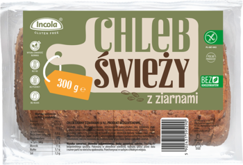 Incola Chleb świeży z ziarnami, bezglutenowy, 300g, w przezroczystym opakowaniu z zielono-brązową etykietą.
