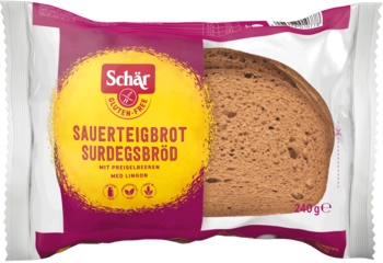 Schär Sauerteigbrot bezglutenowy chleb na zakwasie z borówką i siemieniem lnianym, w biało-fioletowej folii.