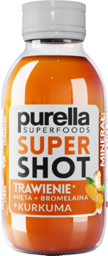 Purella Super Shot Trawienie, pomarańczowy płyn w butelce, etykieta z miętą, bromelainą, kurkumą. Widok z przodu.