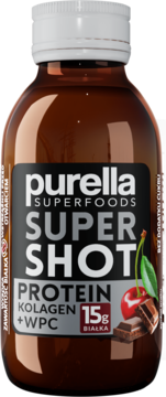 Purella SuperShot Protein w brązowej butelce z białą nakrętką, etykieta z wiśniami, czekoladą i 15g białka.