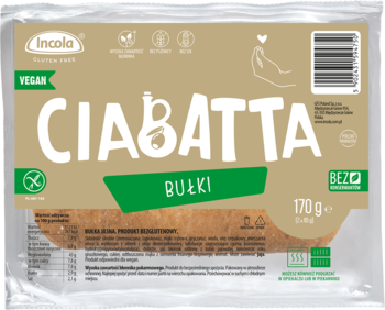 Incola Bezglutenowa Ciabatta Bułki 170g w opakowaniu z beżową etykietą, biały napis CIABATTA. Widok z przodu.