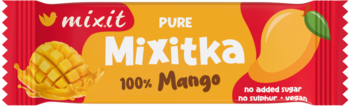 Mixitka Pure 100% Mango, wegański baton owocowy w czerwono-pomarańczowym opakowaniu, z przodu.