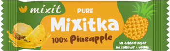 Zielony baton Mixitka Pure 100% Pineapple, opakowanie z owocami ananasa i napisem 'NO ADDED SUGAR', widok z przodu.