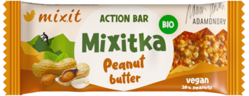 Mixitka Peanut Butter BIO wegański baton, pomarańczowe opakowanie, przód, z grafiką orzeszków ziemnych i batona.