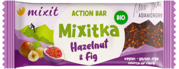 Baton Mixitka Action Bar Hazelnut & Fig BIO w fioletowym opakowaniu z owocami i orzechami, widok z przodu.