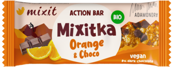 Mixitka Action Bar Orange & Choco, wegański batonik BIO w pomarańczowo-kremowym opakowaniu, przód.
