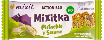Mixitka Action Bar BIO Pistachio & Sesame w zielono-białym opakowaniu, widok z przodu, z sezamem.