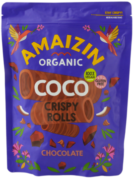 Fioletowa torebka Amaizin Organic Coco Crispy Rolls Chocolate z chrupiącymi rurkami kokosowymi, widok z przodu.