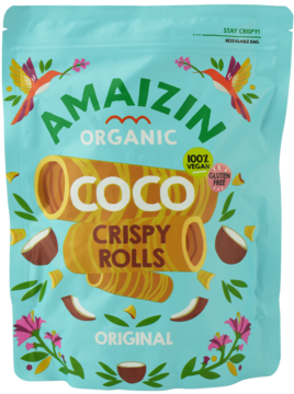 Amaizin Coco Crispy Rolls Original w turkusowej torebce z grafiką złotych rurek, kokosów, liści, widok z przodu.