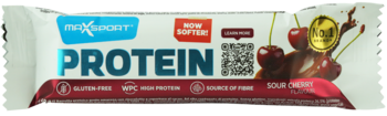 Baton proteinowy ALLNUTRITION, białe opakowanie, smak kwaśna wiśnia, widok z przodu, z wiśniami i czekoladą.