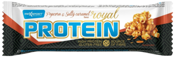 Baton proteinowy Nutrend popcorn salty caramel, biała saszetka z niebieskim PROTEIN i popcornem, widok przód.