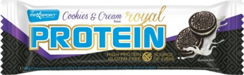 BestBody Cookies & Cream Royal protein bar, white wrapper with purple, black patterns, and biscuit image, frontal view.
