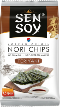SEN SOY Nori Chips Teriyaki, front biało-brązowej torebki z algami, bez oleju palmowego.