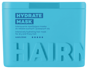 Turkusowa maska HAIRN HYDRATE do intensywnego nawilżania włosów suchych i puszących się, widok z przodu.