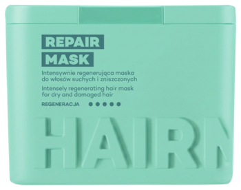 Miętowa maska do włosów REPAIR MASK HAIRN, regenerująca do suchych i zniszczonych, prostokątny pojemnik, przód.