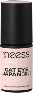 Neess Cat Eye Japan 3in1 lakier hybrydowy, jasnoróżowa butelka z czarną zakrętką, widok z przodu, logo Neess.