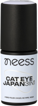 Neess Cat Eye Japan 3in1 magnetyczny lakier hybrydowy (baza, kolor, top), czarna nakrętka, jasna butelka.