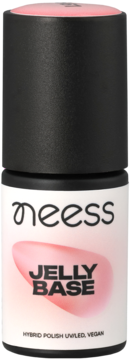 Neess Jelly Base Hybrid Polish, truskawkowa baza wegańska UV/LED, butelka z czarną nakrętką, widok z przodu.