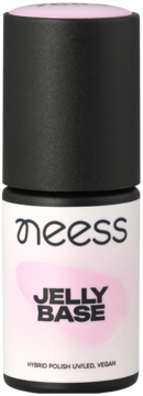 Neess Jelly Base, różowa półtransparentna baza hybrydowa o efekcie jelly nails, butelka z czarną nakrętką.