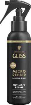 Schwarzkopf Gliss Micro Repair Bonding Spray, czarna butelka z atomizerem do zniszczonych włosów, widok z przodu.