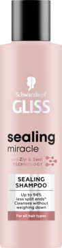 Różowy szampon Gliss Sealing Miracle z Zip & Seal Technology, butelka od przodu. Scalający końcówki, do wszystkich włosów.