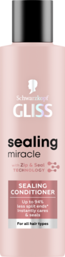 Różowa butelka Schwarzkopf Gliss Sealing Miracle Odżywka, widok z przodu. Widoczny napis: "Up to 94% less split ends".