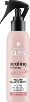 Różowy Schwarzkopf Gliss Sealing Miracle spray do scalania końcówek, przód z czarnym spustem.