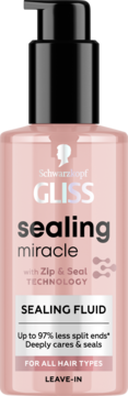 Różowa butelka Gliss Sealing Fluid leave-in, czarna pompka. Serum do włosów uszczelniające końcówki, widok z przodu.
