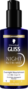 Schwarzkopf Gliss Night Nutri Mist, odżywcza mgiełka z arganem do włosów zniszczonych, niebieska butelka, front.