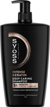 Czarny szampon Syoss Intense Keratin 750ml z pompką, widok z przodu. Wzmacnia łamliwe włosy 5% keratyną.