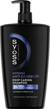 Czarna butelka szamponu Syoss Intense Anti-Dandruff z pompką, widok z przodu, z logo i opisem 3% Cica.