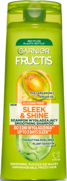 Zielony szampon Garnier Fructis Sleek & Shine z arganem, wygładzający, do włosów puszących się, widok z przodu.