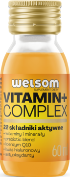 Welsom Vitamin+ Complex 60ml, pomarańczowy shot witamin i minerałów w butelce ze złotą nakrętką, przód.