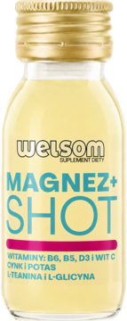 Welsom Magnez+ Shot, suplement diety cytrynowy, butelka z magnezem i witaminami B, D3, C, cynkiem.