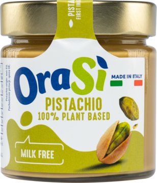 Słoik kremu pistacjowego OraSi, 100% roślinny, bez mleka, z zielono-białą etykietą i pistacjami. Widok z przodu.